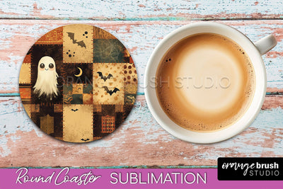 Ghost Coaster, Patchwork Halloween Round Coaster Sublimation Sublimation OrangeBrushStudio 