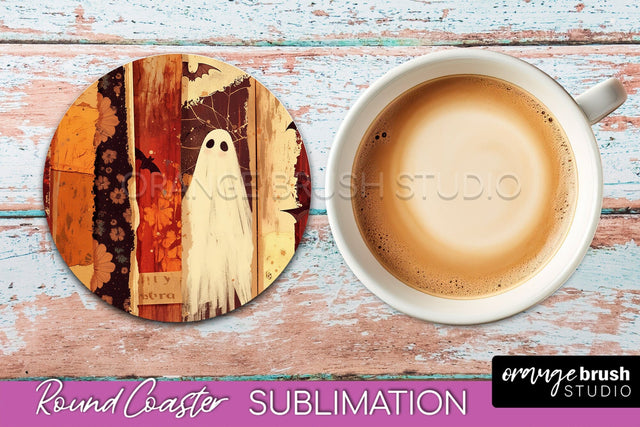 Ghost Coaster, Patchwork Halloween Round Coaster Sublimation Sublimation OrangeBrushStudio 