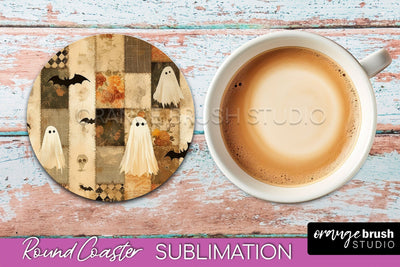 Ghost Coaster, Patchwork Halloween Round Coaster Sublimation Sublimation OrangeBrushStudio 