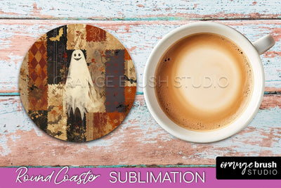 Ghost Coaster, Patchwork Halloween Round Coaster Sublimation Sublimation OrangeBrushStudio 