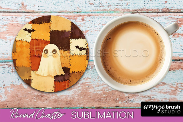 Ghost Coaster, Patchwork Halloween Round Coaster Sublimation Sublimation OrangeBrushStudio 