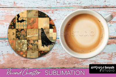 Ghost Coaster, Patchwork Halloween Round Coaster Sublimation Sublimation OrangeBrushStudio 