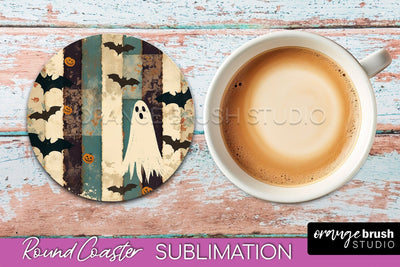 Ghost Coaster, Patchwork Halloween Round Coaster Sublimation Sublimation OrangeBrushStudio 