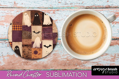 Ghost Coaster, Patchwork Halloween Round Coaster Sublimation Sublimation OrangeBrushStudio 