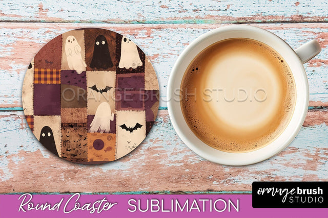 Ghost Coaster, Patchwork Halloween Round Coaster Sublimation Sublimation OrangeBrushStudio 