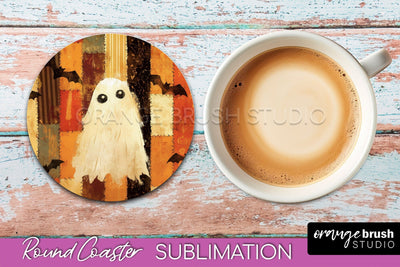 Ghost Coaster, Patchwork Halloween Round Coaster Sublimation Sublimation OrangeBrushStudio 