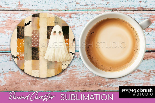 Ghost Coaster, Patchwork Halloween Round Coaster Sublimation Sublimation OrangeBrushStudio 