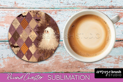 Ghost Coaster, Patchwork Halloween Round Coaster Sublimation Sublimation OrangeBrushStudio 