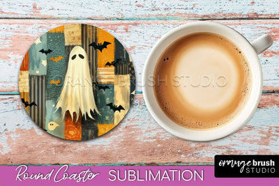 Ghost Coaster, Patchwork Halloween Round Coaster Sublimation Sublimation OrangeBrushStudio 