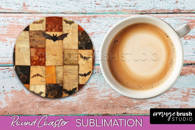 Ghost Coaster, Patchwork Halloween Round Coaster Sublimation Sublimation OrangeBrushStudio 