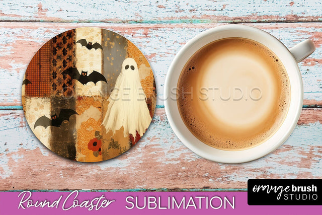 Ghost Coaster, Patchwork Halloween Round Coaster Sublimation Sublimation OrangeBrushStudio 