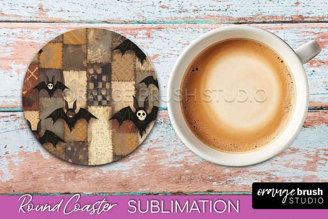 Ghost Coaster, Patchwork Halloween Round Coaster Sublimation Sublimation OrangeBrushStudio 
