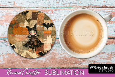 Ghost Coaster, Patchwork Halloween Round Coaster Sublimation Sublimation OrangeBrushStudio 