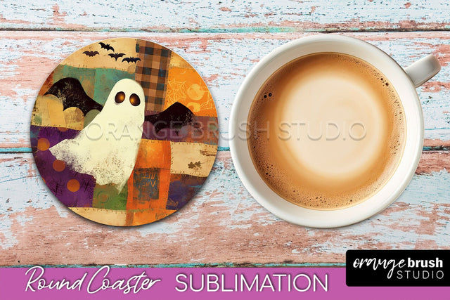 Ghost Coaster, Patchwork Halloween Round Coaster Sublimation Sublimation OrangeBrushStudio 