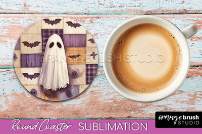 Ghost Coaster, Patchwork Halloween Round Coaster Sublimation Sublimation OrangeBrushStudio 