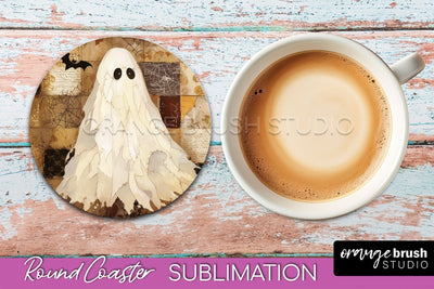 Ghost Coaster, Patchwork Halloween Round Coaster Sublimation Sublimation OrangeBrushStudio 