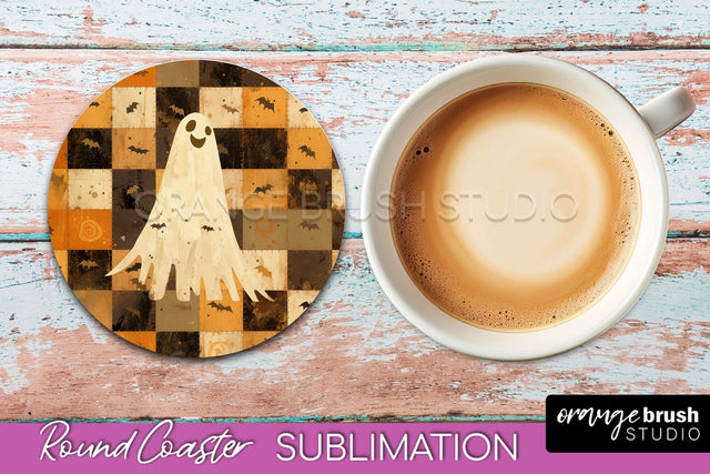 Ghost Coaster, Patchwork Halloween Round Coaster Sublimation Sublimation OrangeBrushStudio 