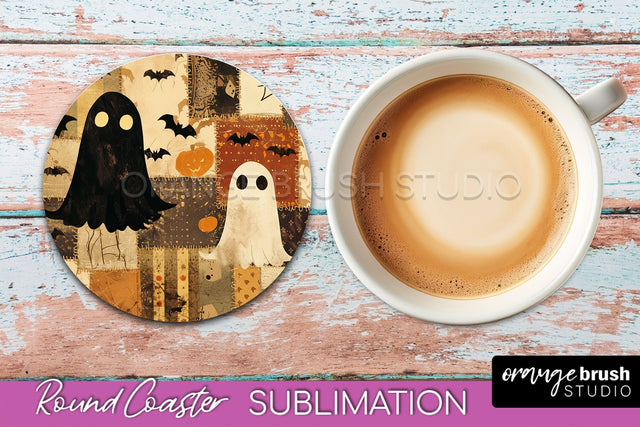 Ghost Coaster, Patchwork Halloween Round Coaster Sublimation Sublimation OrangeBrushStudio 