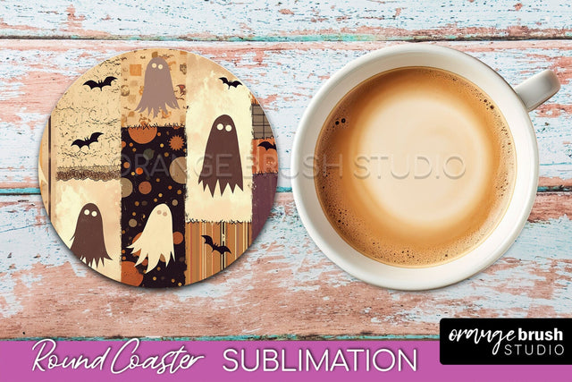 Ghost Coaster, Patchwork Halloween Round Coaster Sublimation Sublimation OrangeBrushStudio 