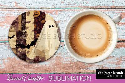 Ghost Coaster, Patchwork Halloween Round Coaster Sublimation Sublimation OrangeBrushStudio 