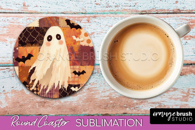 Ghost Coaster, Patchwork Halloween Round Coaster Sublimation Sublimation OrangeBrushStudio 