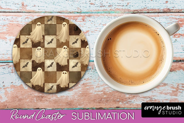 Ghost Coaster, Patchwork Halloween Round Coaster Sublimation Sublimation OrangeBrushStudio 