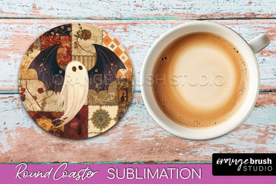 Ghost Coaster, Patchwork Halloween Round Coaster Sublimation Sublimation OrangeBrushStudio 