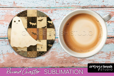 Ghost Coaster, Patchwork Halloween Round Coaster Sublimation Sublimation OrangeBrushStudio 