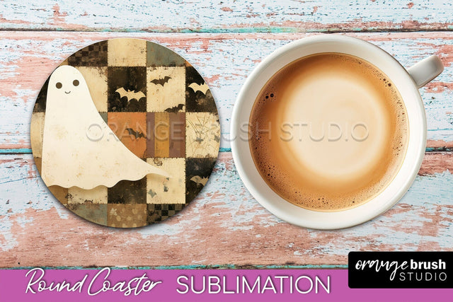 Ghost Coaster, Patchwork Halloween Round Coaster Sublimation Sublimation OrangeBrushStudio 