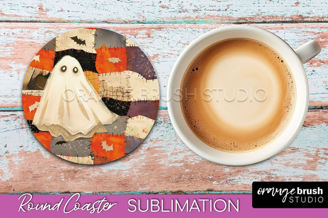 Ghost Coaster, Patchwork Halloween Round Coaster Sublimation Sublimation OrangeBrushStudio 