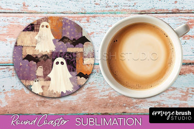 Ghost Coaster, Patchwork Halloween Round Coaster Sublimation Sublimation OrangeBrushStudio 