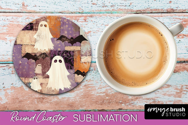 Ghost Coaster, Patchwork Halloween Round Coaster Sublimation Sublimation OrangeBrushStudio 