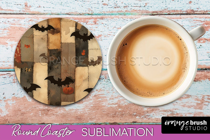 Ghost Coaster, Patchwork Halloween Round Coaster Sublimation Sublimation OrangeBrushStudio 