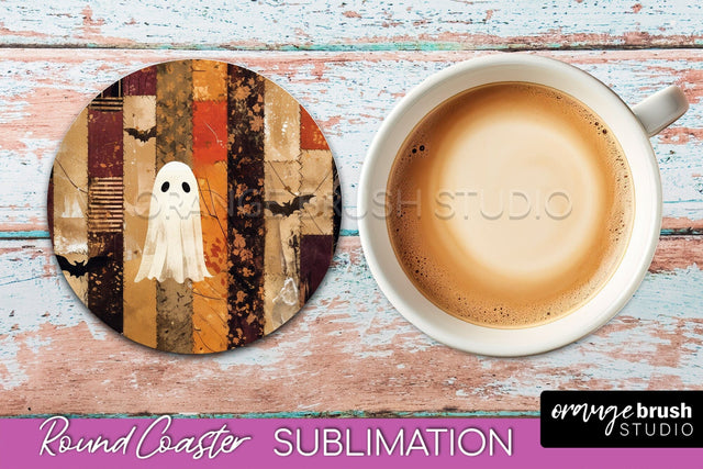 Ghost Coaster, Patchwork Halloween Round Coaster Sublimation Sublimation OrangeBrushStudio 