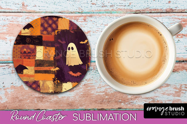 Ghost Coaster, Patchwork Halloween Round Coaster Sublimation Sublimation OrangeBrushStudio 