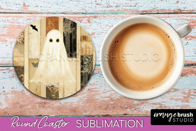 Ghost Coaster, Patchwork Halloween Round Coaster Sublimation Sublimation OrangeBrushStudio 