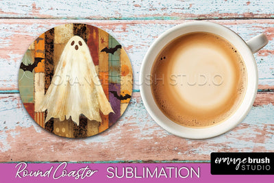 Ghost Coaster, Patchwork Halloween Round Coaster Sublimation Sublimation OrangeBrushStudio 