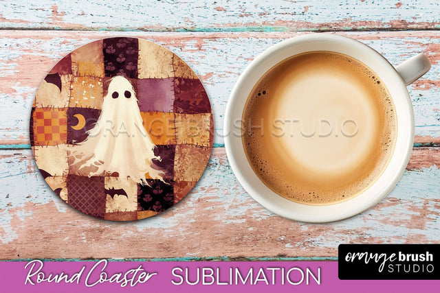 Ghost Coaster, Patchwork Halloween Round Coaster Sublimation Sublimation OrangeBrushStudio 