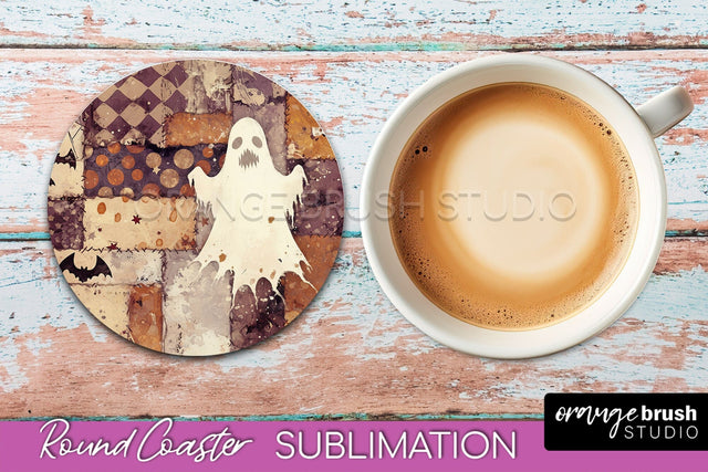 Ghost Coaster, Patchwork Halloween Round Coaster Sublimation Sublimation OrangeBrushStudio 