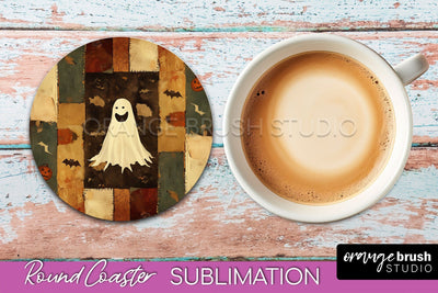Ghost Coaster, Patchwork Halloween Round Coaster Sublimation Sublimation OrangeBrushStudio 