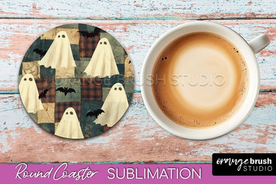 Ghost Coaster, Patchwork Halloween Round Coaster Sublimation Sublimation OrangeBrushStudio 