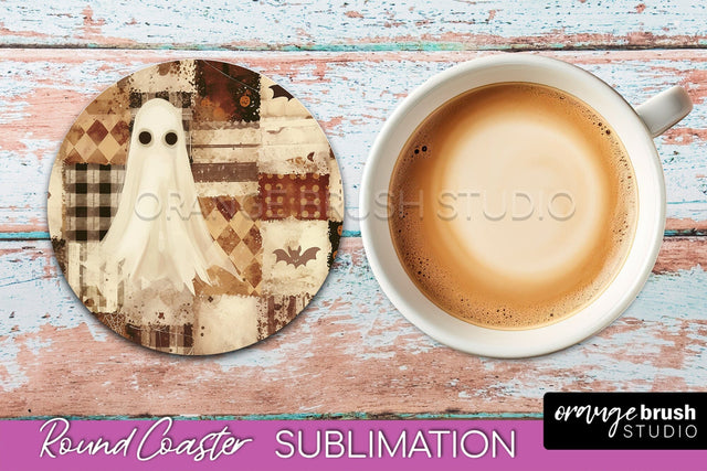 Ghost Coaster, Patchwork Halloween Round Coaster Sublimation Sublimation OrangeBrushStudio 
