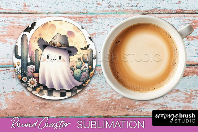 Ghost Coaster, Western Halloween Round Coaster Sublimation Sublimation OrangeBrushStudio 