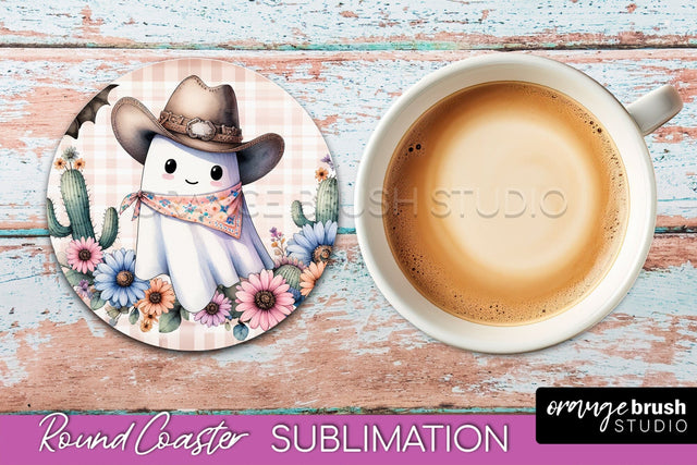 Ghost Coaster, Western Halloween Round Coaster Sublimation Sublimation OrangeBrushStudio 