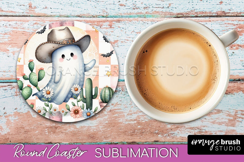 Ghost Coaster, Western Halloween Round Coaster Sublimation Sublimation OrangeBrushStudio 