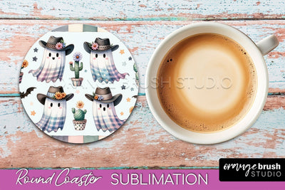 Ghost Coaster, Western Halloween Round Coaster Sublimation Sublimation OrangeBrushStudio 