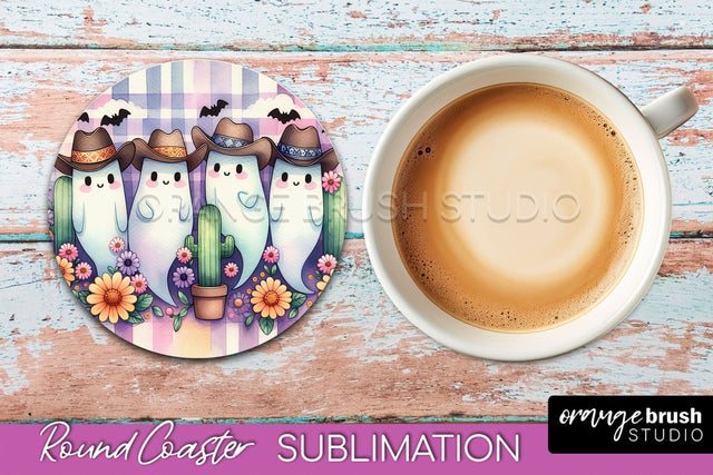 Ghost Coaster, Western Halloween Round Coaster Sublimation Sublimation OrangeBrushStudio 