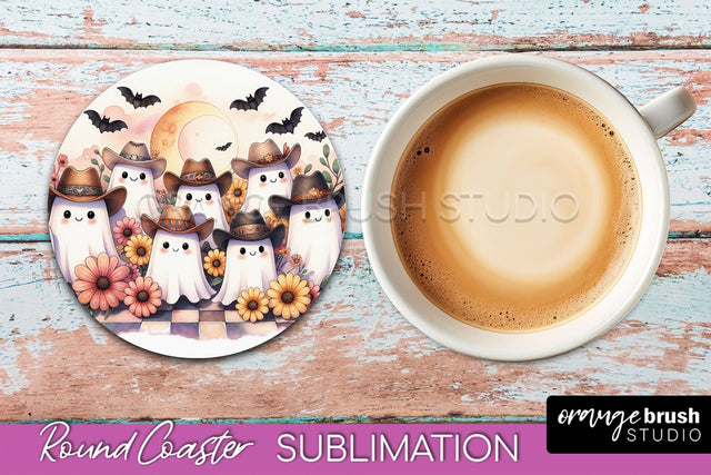 Ghost Coaster, Western Halloween Round Coaster Sublimation Sublimation OrangeBrushStudio 