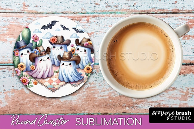 Ghost Coaster, Western Halloween Round Coaster Sublimation Sublimation OrangeBrushStudio 