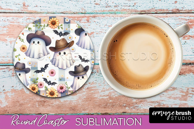 Ghost Coaster, Western Halloween Round Coaster Sublimation Sublimation OrangeBrushStudio 